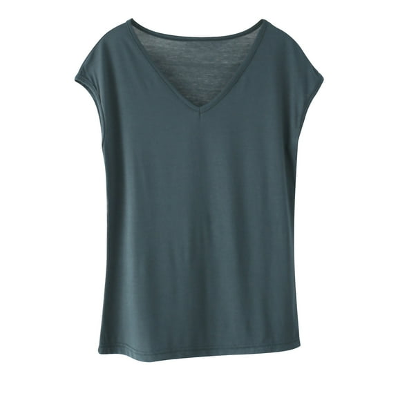 FAIWAD Womens Short Sleeve V Neck Tops Stretch Solid Color Lightweight Loose Pullover Tops