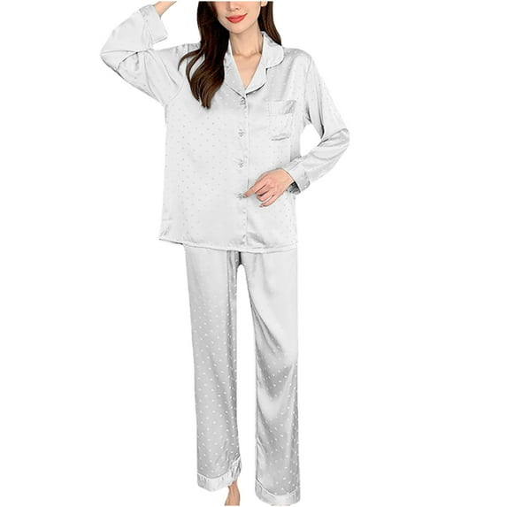 FAIWAD Womens Silk Pajamas Set 2 Piece Sets Long Sleeve Lapel Shirt and Straight Pants Loungewear Sets