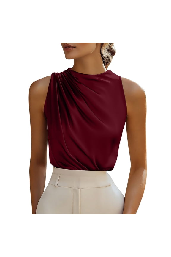 Womens Silk Satin Tank Tops Ruched Mock Neck Sleeveless Slim Work Shirts Trendy Blouses