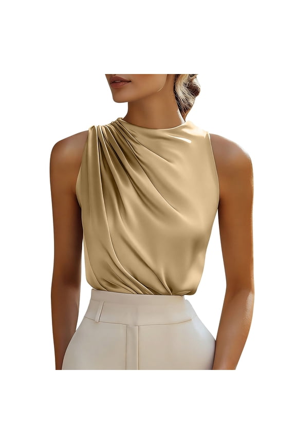 Womens Silk Satin Tank Tops Ruched Mock Neck Sleeveless Slim Work Shirts Trendy Blouses