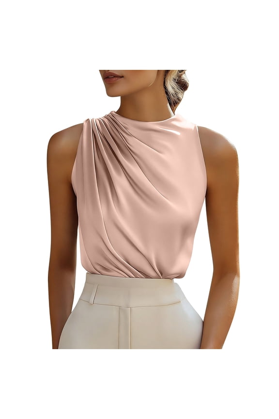 Womens Silk Satin Tank Tops Ruched Mock Neck Sleeveless Slim Work Shirts Trendy Blouses