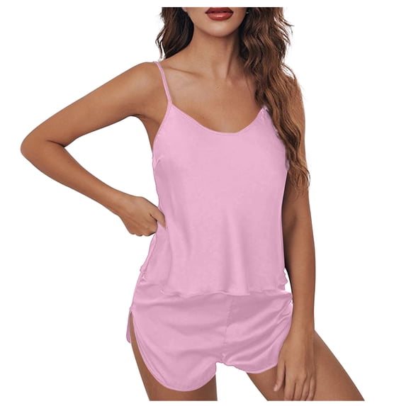 FAIWAD Womens Solid Color Pajama 2 Piece Sets Loungewear Soft Strap Tops with Pants Set (X-Large, Pink)