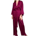 thumbnail image 1 of FAIWAD Womens Solid Color Pajama Set Soft Long Sleeve Robe Matching Loose Pants Sleepwear Sets with Belt (Large, Wine), 1 of 5