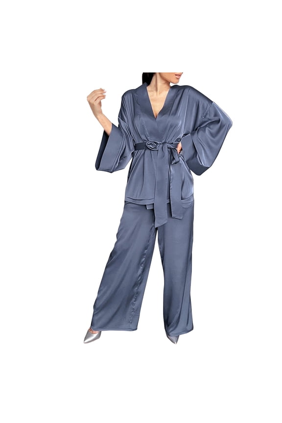 Womens Solid Color Pajama Set Soft Long Sleeve Robe Matching Loose Pants Sleepwear Sets with Belt (Small, Blue)