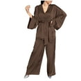 thumbnail image 1 of FAIWAD Womens Solid Color Pajama Set Soft Long Sleeve Robe Matching Loose Pants Sleepwear Sets with Belt (Small, Brown), 1 of 5