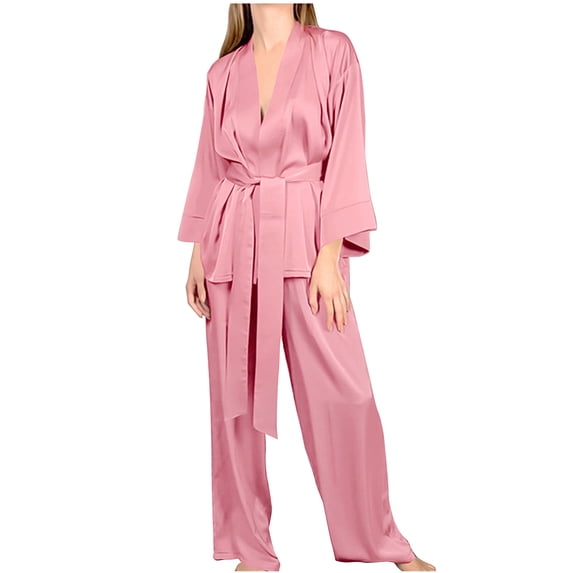 FAIWAD Womens Solid Color Pajama Set Soft Long Sleeve Robe Matching Loose Pants Sleepwear Sets with Belt (X-Large, Pink)