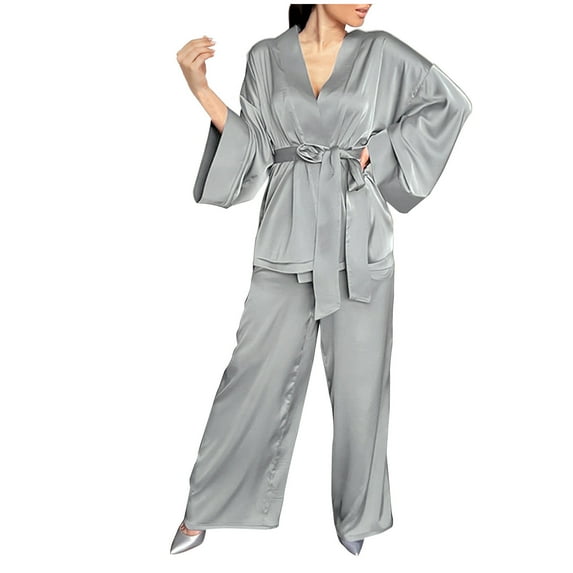 FAIWAD Womens Solid Color Pajama Set Soft Long Sleeve Robe Matching Loose Pants Sleepwear Sets with Belt (XX-Large, Gray)