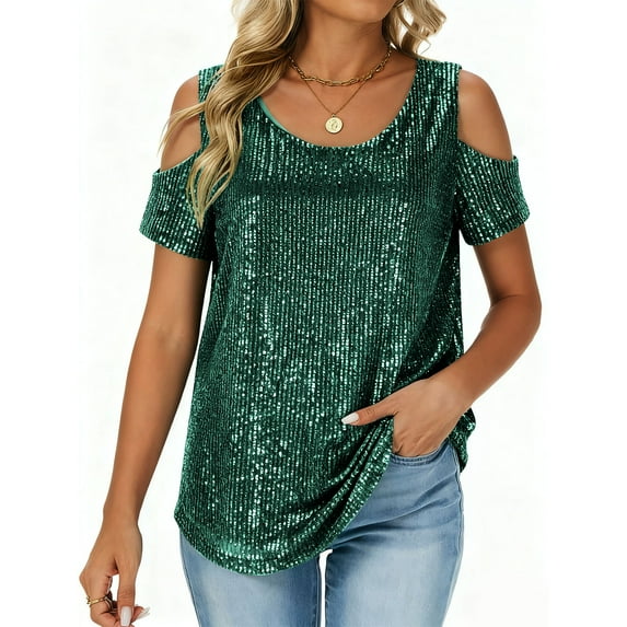 FAIWAD Womens Sparkly Sequin Tops Casual V Neck Cold Shoulder Blouses Trendy Going Out Tops