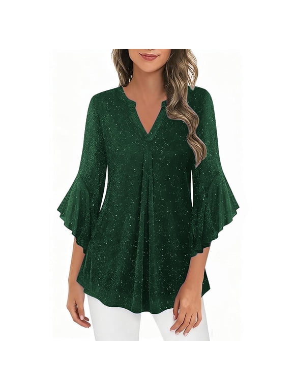 Womens Sparkly Tops Ruffle 3/4 Sleeve V Neck Dressy Blouses Double Layers Mesh Tunic Top