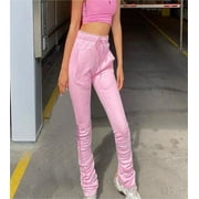 FAIWAD Womens Stacked Sweatpants Elastic High Waist Baggy Casual Slim Athletic Jogger Pants (X-Large, Pink)