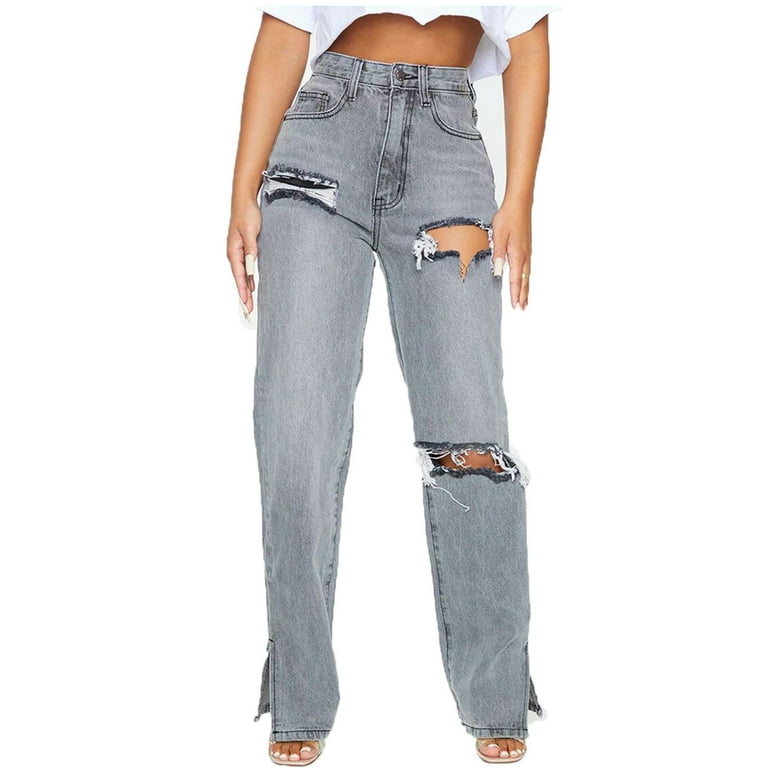 FAIWAD Womens Stretch High Waist Jeans Split Hem Straight Leg Denim Pants  Slim Solid Color Trousers (Large, Gray) 