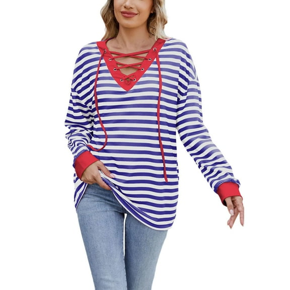 FAIWAD Womens Striped Oversized Sweatshirt Lace-Up V Neck Long Sleeve Pullover Casual Loose Color Block Sweatshirts