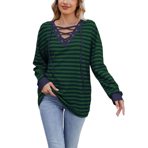 FAIWAD Womens Striped Oversized Sweatshirt Lace-Up V Neck Long Sleeve Pullover Casual Loose Color Block Sweatshirts
