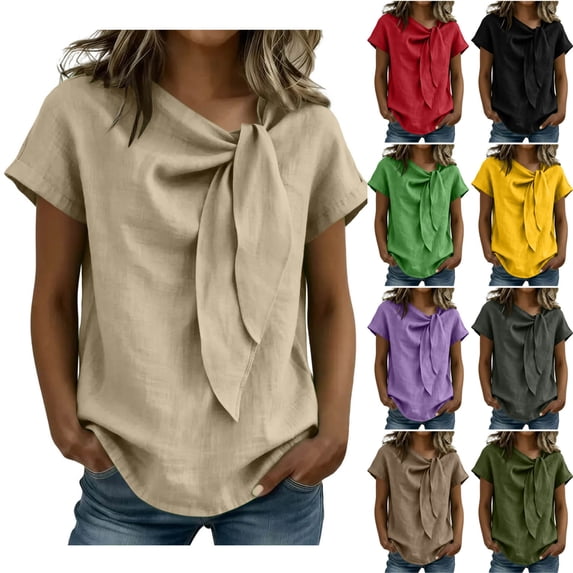 FAIWAD Shirts for Women Summer Tie Neck Bow Knot Linen Tops Trendy Casual Business Short Sleeve Blouse