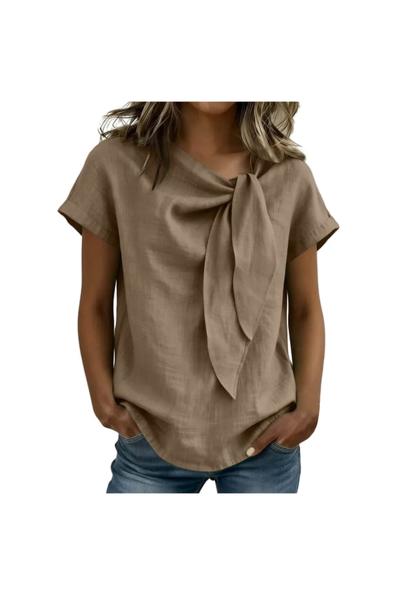 Shirts for Women Summer Tie Neck Bow Knot Linen Tops Trendy Casual Business Short Sleeve Blouse