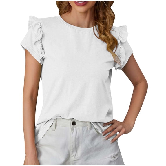 FAIWAD Womens Summer Ruffle Sleeve Shirt Plus Size Loose Crewneck Tops Elegant Comfy Daily T Shirts