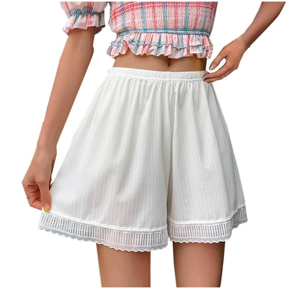 FAIWAD Womens Summer Silk Shorts Trendy Lace Hem Loose Shorts Elastic Waist Lounge Shorts Basic Bottoms