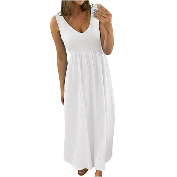 FAIWAD Womens Summer Sleeveless Dresses High Waist V Neck Casual Flowy Sundress Plus Size Tiered Pleat Dress