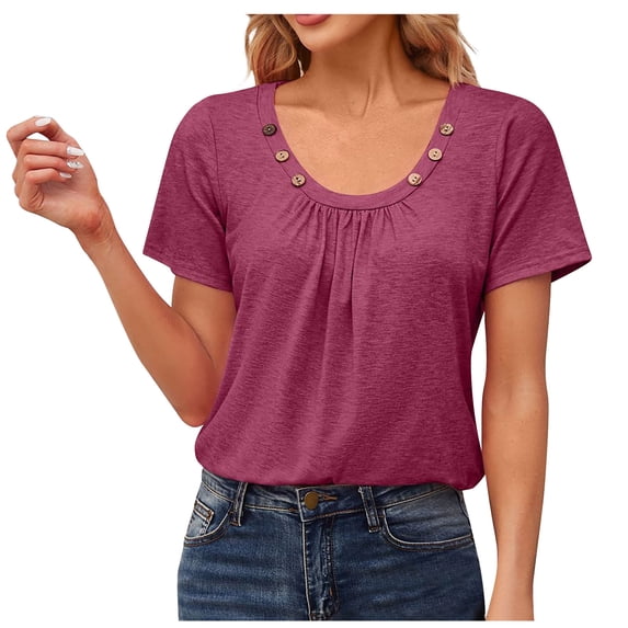 FAIWAD Womens Summer Tops Button Pleated Round Neck Blouses Casual Solid Short Sleeve Tunic Shirts