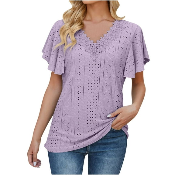 FAIWAD Womens Summer Tops Lace Crochet V Neck Short Sleeve Hollow Out Shirt Casual Ruffle Sleeve Tunic Tops