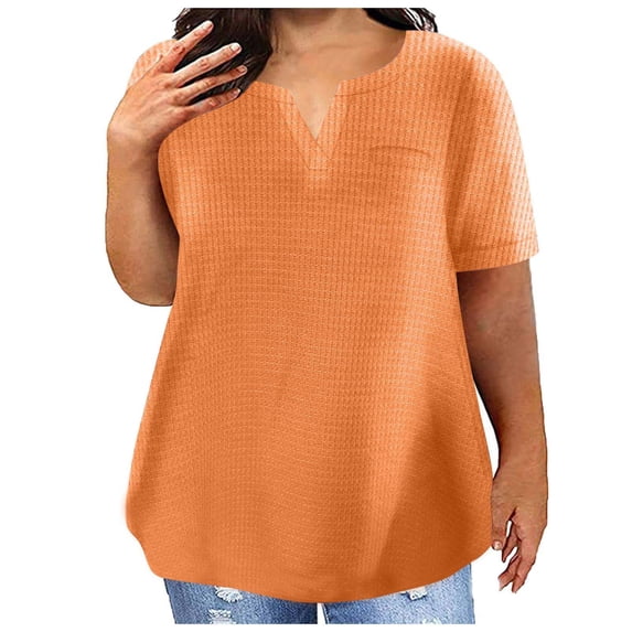 FAIWAD Womens Summer Tunic Tops Plus Size Casual Notch V Neck Tops Short Sleeve Solid Color Loose T-Shirt