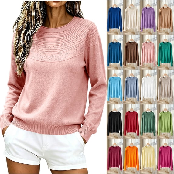 FAIWAD Women’s Crewneck Sweater Long Sleeve Textured Knit Pullover Solid Color Casual Fall Winter Top