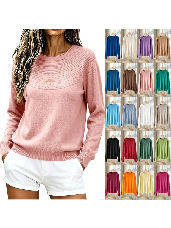 Women’s Crewneck Sweater Long Sleeve Textured Knit Pullover Solid Color Casual Fall Winter Top