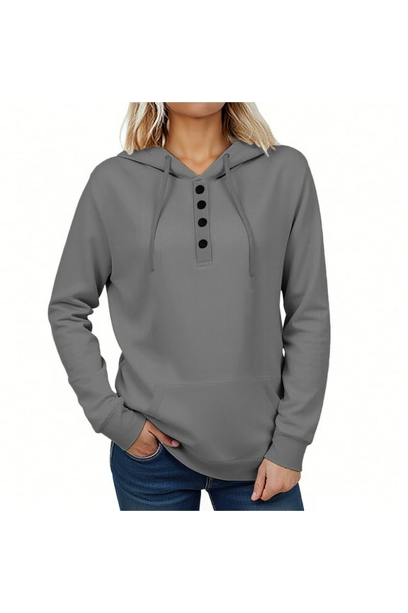 Womens Sweatshirt Casual Long Sleeve Button Hoodie with Pockets Plus Size Drawstring Tops