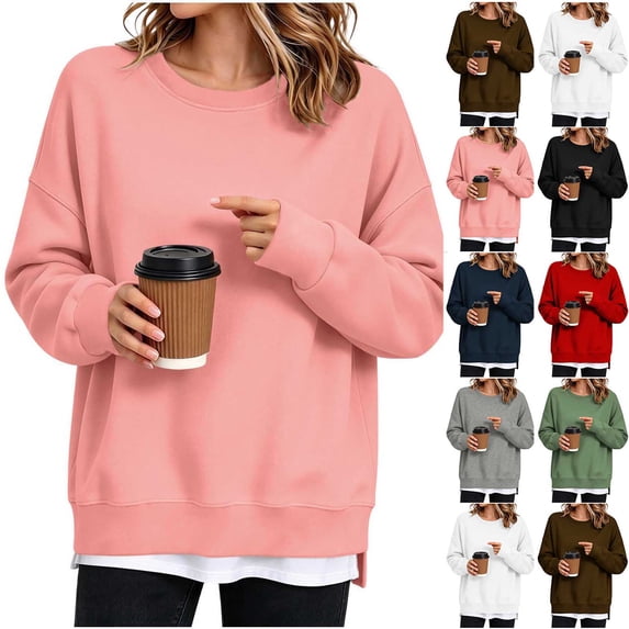 FAIWAD Crew Neck Sweatshirts Women Long Sleeve Side Slits Pullover Tops Loose Layered Sweatshirts