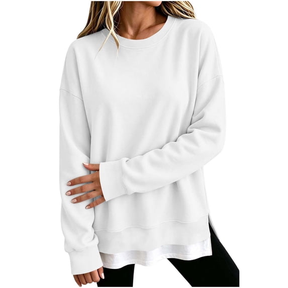 FAIWAD Crew Neck Sweatshirts Women Long Sleeve Side Slits Pullover Tops Loose Layered Sweatshirts
