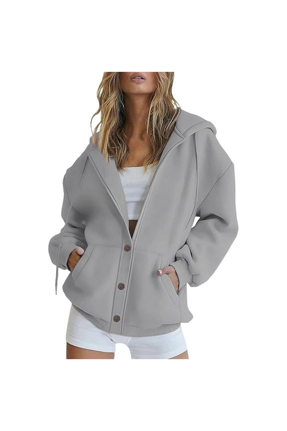 Womens Sweatshirts Hoodies Lightweight Button Down Sweatshirt with Pocket Casual Loose Drawstring Outwear