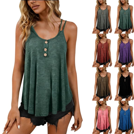 FAIWAD Womens Tank Tops Solid Color Crew Neck Double Straps Camisole Casual Button Down Pleated Sleeveless Top