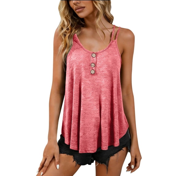 FAIWAD Womens Tank Tops Solid Color Crew Neck Double Straps Camisole Casual Button Down Pleated Sleeveless Top