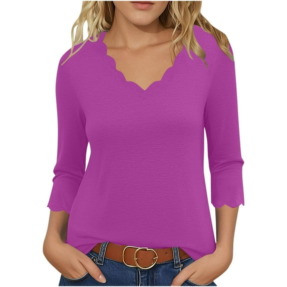 FAIWAD Womens Tops 3/4 Sleeve Scalloped V Neck Dressy Pullover Trendy Casual Party Daily Blouses
