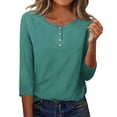 thumbnail image 1 of FAIWAD Womens Tops Casual 3/4 Length Sleeve Crew Neck Button T-Shirts Solid Color Loose Work Daily Blouses, 1 of 9