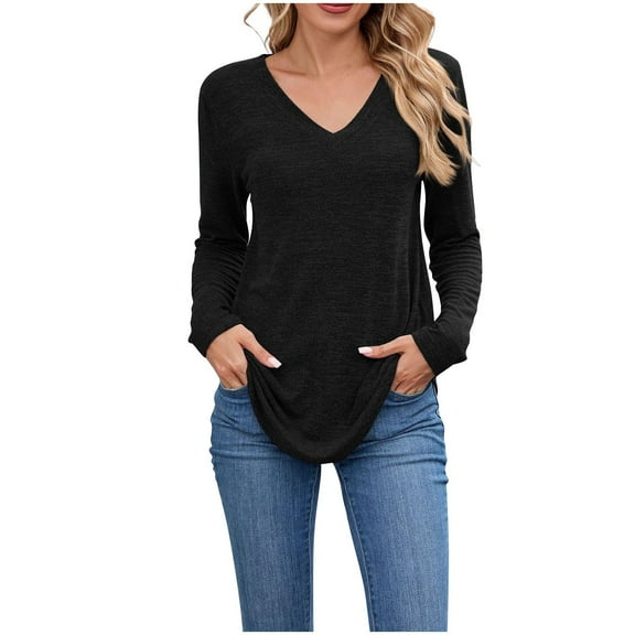 FAIWAD Womens Tops Casual V Neck Long Sleeve Solid Color Tshirts Fall Winter Lightweight Basic Loose Blouses