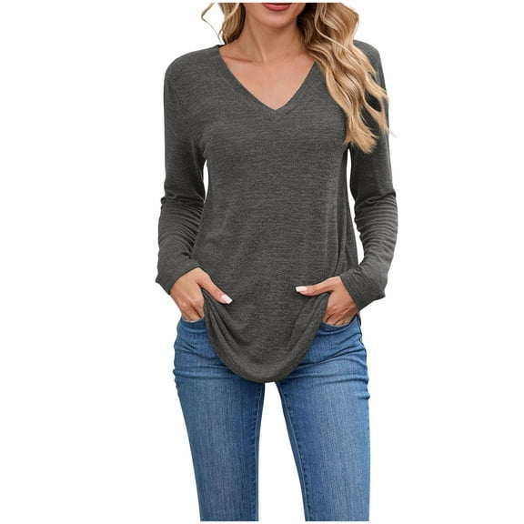 FAIWAD Womens Tops Casual V Neck Long Sleeve Solid Color Tshirts Fall Winter Lightweight Basic Loose Blouses
