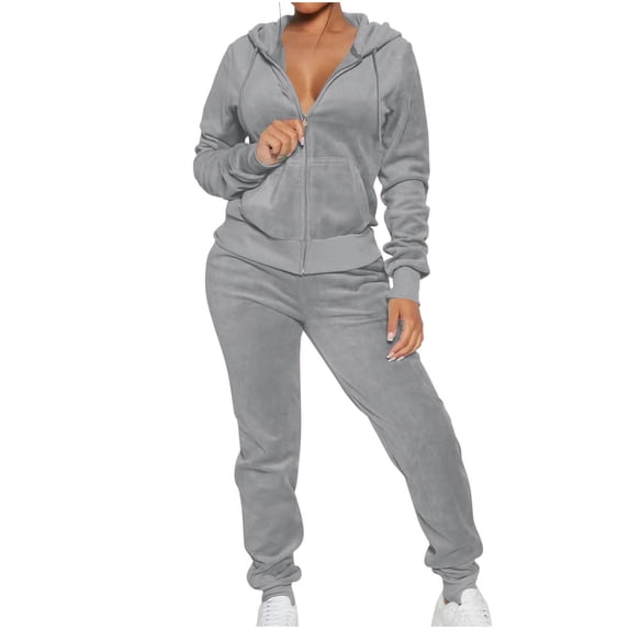 FAIWAD Womens Tracksuit 2 Pieces Zip Hooded Coat with Pockets and Loose Straight Pants Solid Color Lounge set