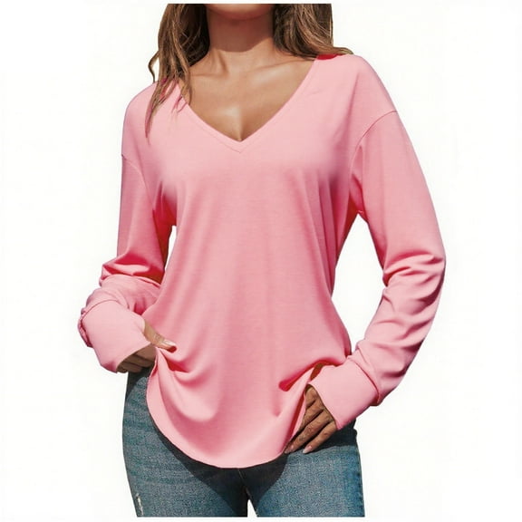 FAIWAD Womens Tunic Tops Casual Deep V Neck Long Sleeve Plain T Shirt Trendy Curved Hem Blouses
