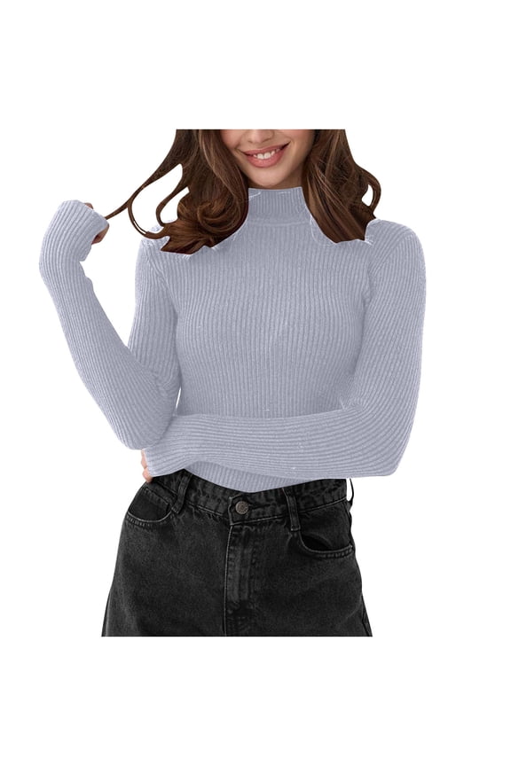 Womens Turtleneck Sweater Long Sleeve Slim Fitted Ribbed Knit Sweater Casual Solid Color Basic Knitwear