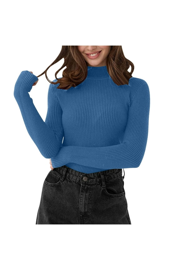 Womens Turtleneck Sweater Long Sleeve Slim Fitted Ribbed Knit Sweater Casual Solid Color Basic Knitwear