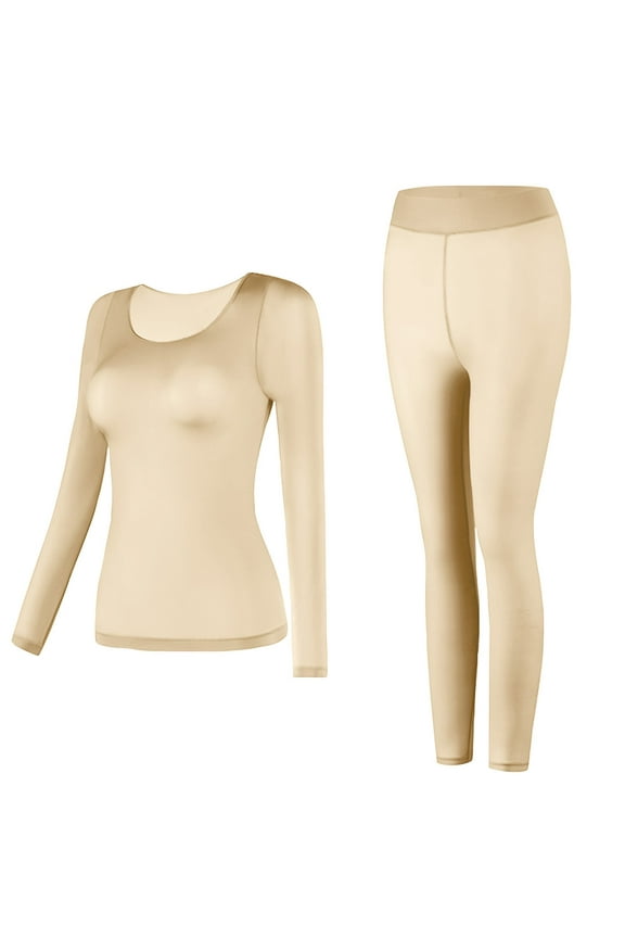 Womens Underwear Set Long Sleeve Round Neck Tops and Pants Seamless Stretch Basic Suit