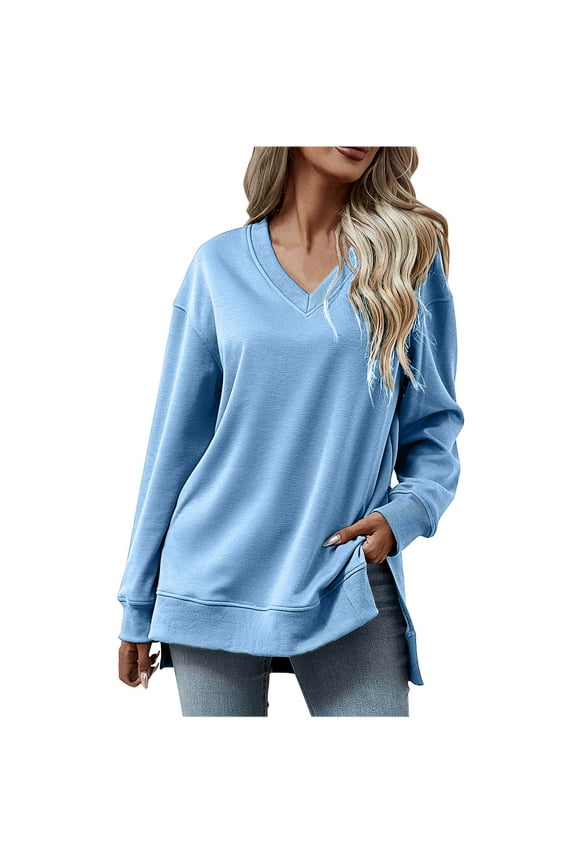 Womens V Neck Solid Color Sweatshirts Long Sleeve Side Split Plus Size Lightweight Pullover Top