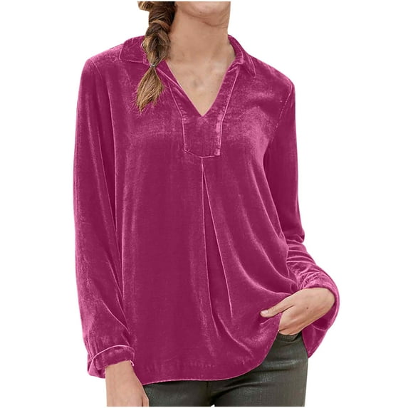 FAIWAD Womens Velvet Tunic Tops Long Sleeve V Neck Trendy Solid Color Lightweight Velour Tops