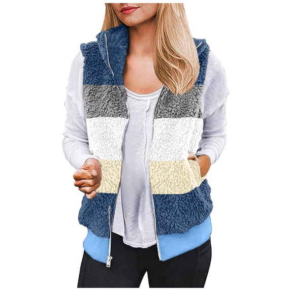 FAIWAD Womens Vests Sleeveless Fleece Jacket Color Block Zip Outerwear Fall Winter Plus Size Coat