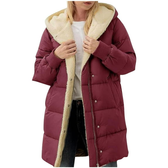 FAIWAD Womens Warm Winter Puffer Coats Sherpa Fleece Lined Hooded Thickened Quilted Jacket Zip Up Casual Long Coat