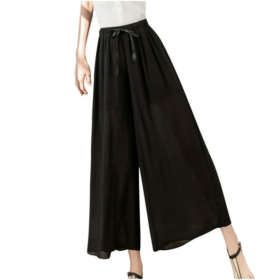 FAIWAD Womens Wide Leg Pants Elastic Waist Pleated Plus Size Trousers Solid Color Lightweight Pant Skirts (Medium, Black)