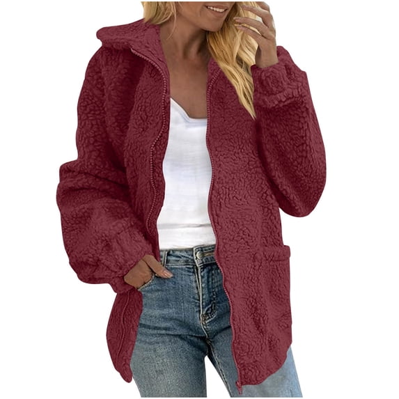 FAIWAD Womens Winter Fleece Jackets Casual Lapel Fuzzy Zip Up Outwear Comfy Soft Oversized Long Coats