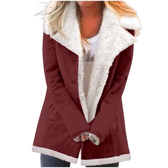 FAIWAD Womens Winter Warm Jacket Fleece Lined Sherpa Thicken Thermal Outerwear with Pockets Casual Fuzzy Lapel Peacoat