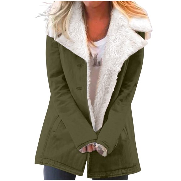 FAIWAD Womens Winter Warm Jacket Fleece Lined Sherpa Thicken Thermal Outerwear with Pockets Casual Fuzzy Lapel Peacoat